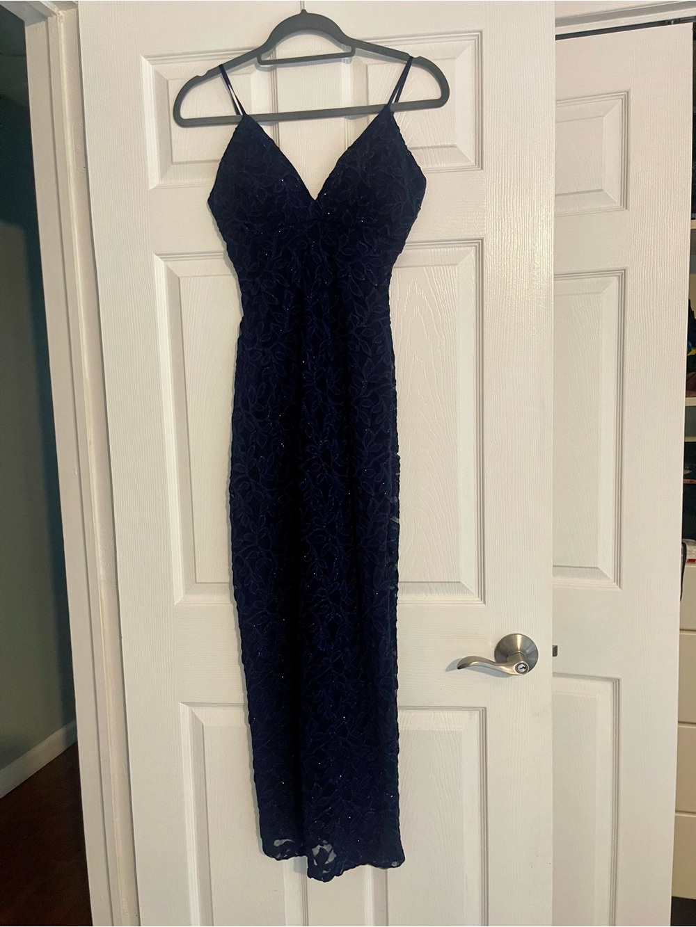 Windsor Navy Spaghetti-Strap Lace Gown